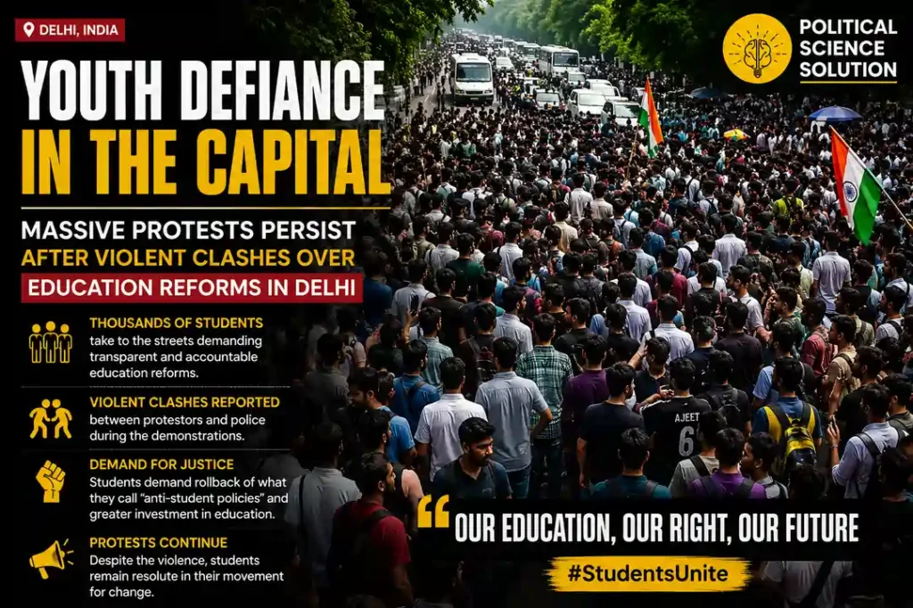 Thousands of students and young protesters gathered in Delhi, demanding education reforms, transparency, and accountability, as demonstrations continued following violent clashes in the national capital.